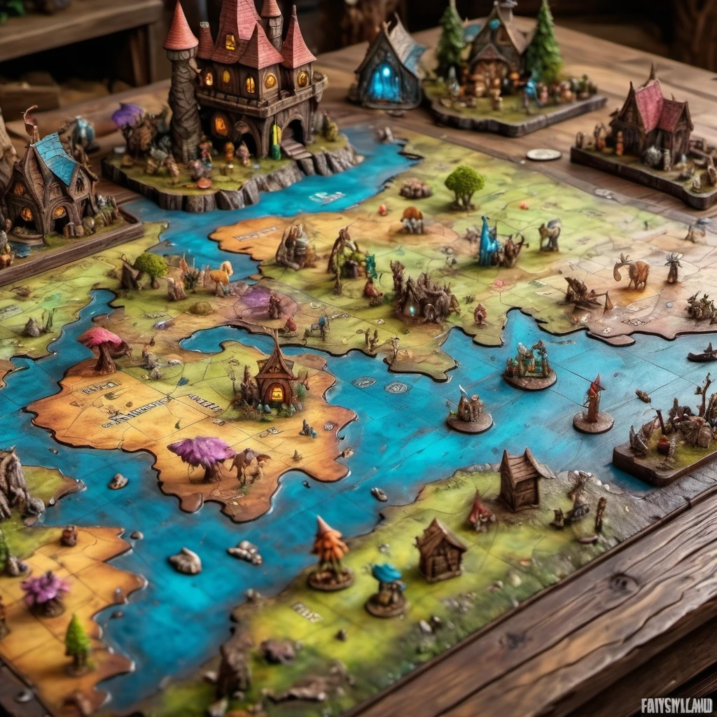 miniature fairyland world, role playing game map on old battered wooden table, full of fantastic creatures, colorful, vibrant colors, deep depth of field, sharp focus 8K ultra HD, high quality, detailed, ultra realistic, masterpiece