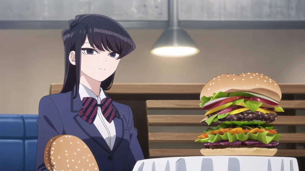 girl, Alone, Upper part of the body,  looking at the viewer, , dark blue jacket, striped bow tie, , perfect quality, Good quality, Masterpiece, HDR, eating hamburger, sitting, small smile, head on