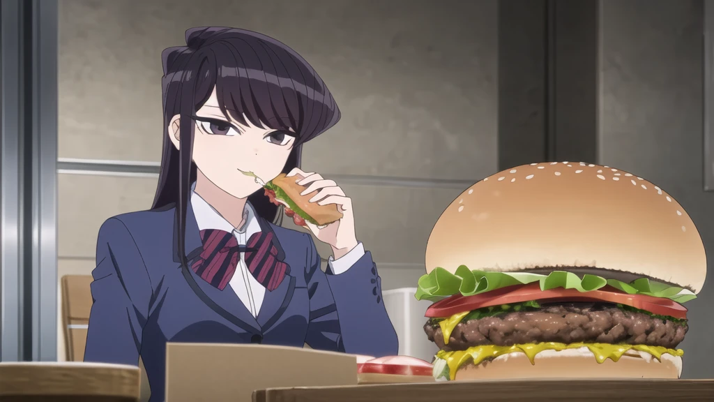 girl, Alone, Upper part of the body,  looking at the viewer, , dark blue jacket, striped bow tie, , perfect quality, Good quality, Masterpiece, HDR, eating hamburger, sitting, small smile, head on