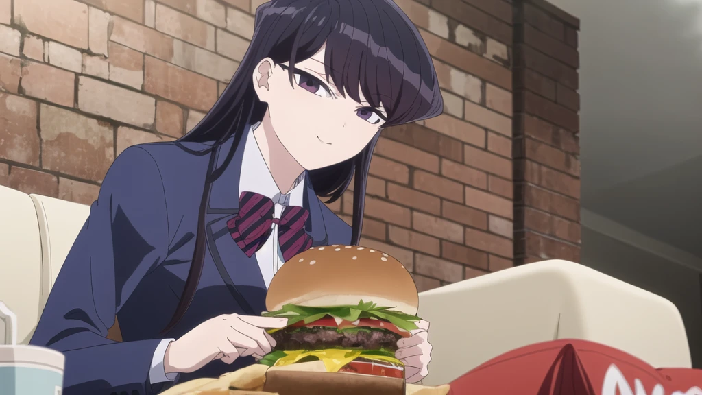 girl, Alone, Upper part of the body,  looking at the viewer, , dark blue jacket, striped bow tie, , perfect quality, Good quality, Masterpiece, HDR, eating hamburger, sitting, small smile, head on