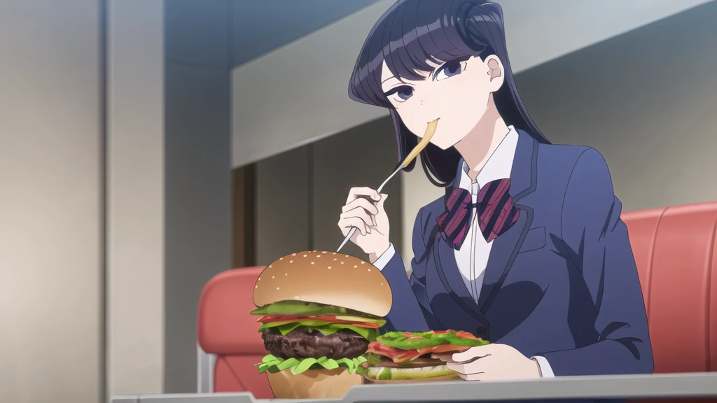 girl, Alone, Upper part of the body,  looking at the viewer, , dark blue jacket, striped bow tie, , perfect quality, Good quality, Masterpiece, HDR, eating hamburger, sitting, small smile, head on