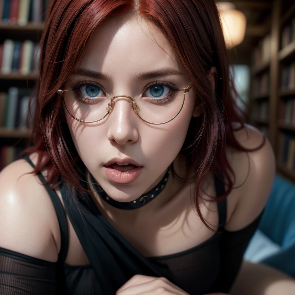 1 milf, solo, full body, ((red hair, blue eyes)), (Best quality, high resolution: 1.2), Ultra detailed, realistic, a beautiful milf with huge breasts, wearing round glasses, sitting on a table in a library , wearing tight black latex stockings that dig into her juicy thighs, wearing a choker collar that strongly compresses her neck, her tongue sticking out and eyes rolled up, (best quality,4k,8k,highres,masterpiece:1.2),ultra-detailed ,(realistic,photorealistic,photo-realistic:1.37),detailed eyes,detailed lips,extremely detailed face,long eyelashes,elegant mature woman,seductive pose,intense expression,chiaroscuro lighting,moody atmosphere,dramatic shadows,rich colors,cinematic, portrait. (Perfect details: 1.1), (beautiful and clear background: 1.2), (Extremely detailed CG, Ultra detailed, best shadow: 1.1), (perfectly detailed beautiful eyes), (full length 1.1)