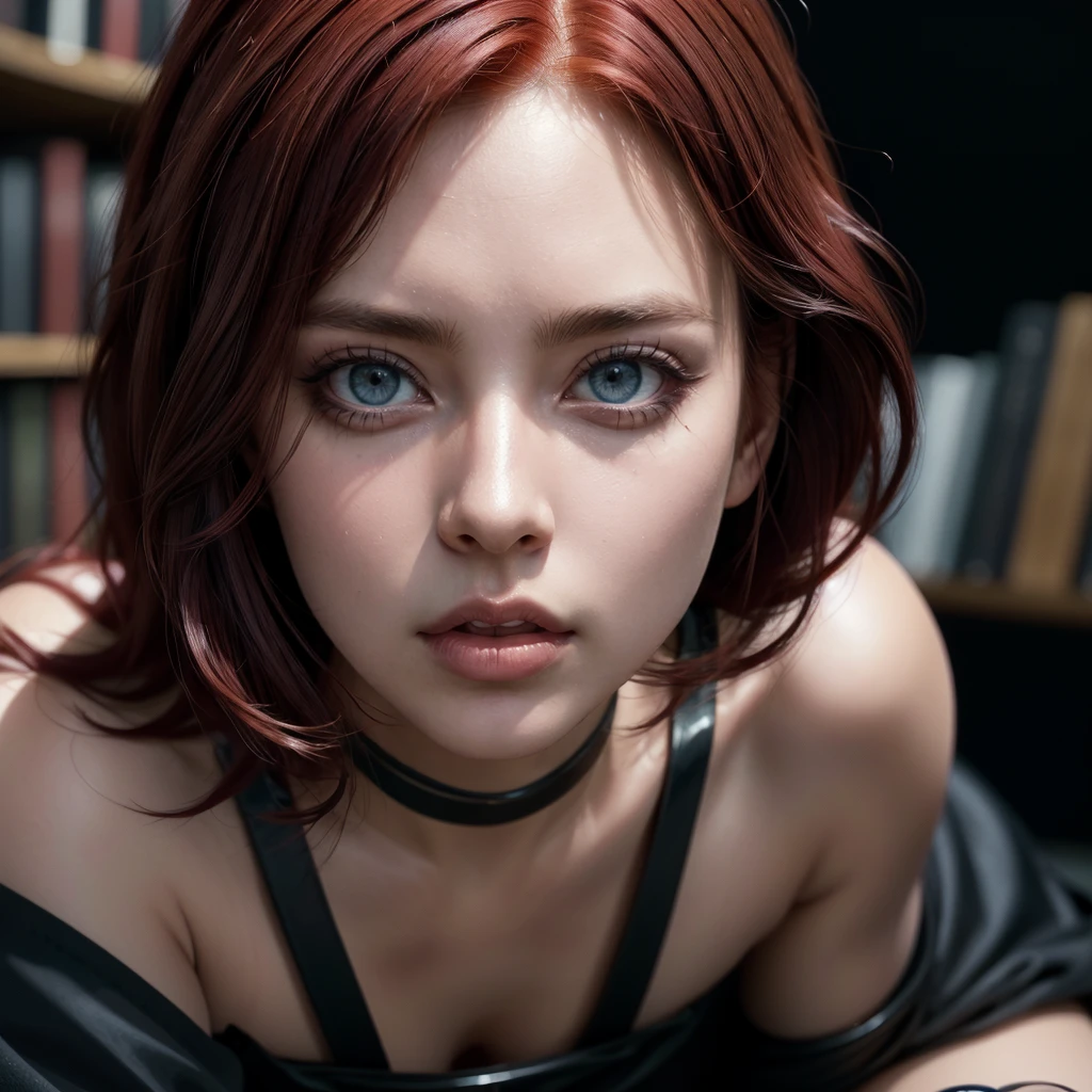 1 milf, solo, full body, ((red hair, blue eyes)), (Best quality, high resolution: 1.2), Ultra detailed, realistic, a beautiful milf with huge breasts, wearing round glasses, sitting on a table in a library , wearing tight black latex stockings that dig into her juicy thighs, wearing a choker collar that strongly compresses her neck, her tongue sticking out and eyes rolled up, (best quality,4k,8k,highres,masterpiece:1.2),ultra-detailed ,(realistic,photorealistic,photo-realistic:1.37),detailed eyes,detailed lips,extremely detailed face,long eyelashes,elegant mature woman,seductive pose,intense expression,chiaroscuro lighting,moody atmosphere,dramatic shadows,rich colors,cinematic, portrait. (Perfect details: 1.1), (beautiful and clear background: 1.2), (Extremely detailed CG, Ultra detailed, best shadow: 1.1), (perfectly detailed beautiful eyes), (full length 1.1)