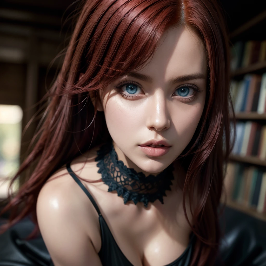 1 milf, solo, full body, ((red hair, blue eyes)), (Best quality, high resolution: 1.2), Ultra detailed, realistic, a beautiful milf with huge breasts, wearing round glasses, sitting on a table in a library , wearing tight black latex stockings that dig into her juicy thighs, wearing a choker collar that strongly compresses her neck, her tongue sticking out and eyes rolled up, (best quality,4k,8k,highres,masterpiece:1.2),ultra-detailed ,(realistic,photorealistic,photo-realistic:1.37),detailed eyes,detailed lips,extremely detailed face,long eyelashes,elegant mature woman,seductive pose,intense expression,chiaroscuro lighting,moody atmosphere,dramatic shadows,rich colors,cinematic, portrait. (Perfect details: 1.1), (beautiful and clear background: 1.2), (Extremely detailed CG, Ultra detailed, best shadow: 1.1), (perfectly detailed beautiful eyes), (full length 1.1)