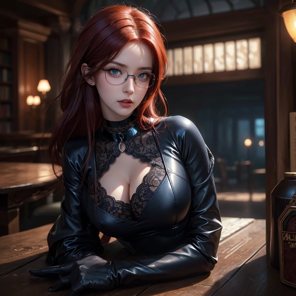 1 milf, solo, full body, ((red hair, blue eyes)), (Best quality, high resolution: 1.2), Ultra detailed, realistic, a beautiful milf with huge breasts, wearing round glasses, sitting on a table in a library , wearing tight black latex stockings that dig into her juicy thighs, wearing a choker collar that strongly compresses her neck, her tongue sticking out and eyes rolled up, (best quality,4k,8k,highres,masterpiece:1.2),ultra-detailed ,(realistic,photorealistic,photo-realistic:1.37),detailed eyes,detailed lips,extremely detailed face,long eyelashes,elegant mature woman,seductive pose,intense expression,chiaroscuro lighting,moody atmosphere,dramatic shadows,rich colors,cinematic, portrait. (Perfect details: 1.1), (beautiful and clear background: 1.2), (Extremely detailed CG, Ultra detailed, best shadow: 1.1), (perfectly detailed beautiful eyes), (full length 1.1)