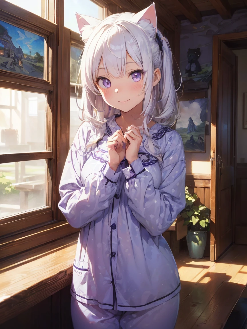 (((masterpiece))), (((Highest quality))), ((Very detailed)), ((Very detailedなイラスト)), ((Ultra-fine painting)), (16K Highest quality wallpaper:1.4), (Detailed and elaborate illustration style,:1.8) Detailed skin texture, High quality fabric, , (T-masterpiece), (Very detailedな顔:1.4), original, RAW Photos, Professional, Intricate details, Very detailed, Direct sunlight:1.6, ,(Cowboy Shot:1.9)、(Perfect Anatomy:1.4), (Extremely elaborate hands:1.2), (Very elaborate fingers:1.2), (Very elaborate fingers先:1.2),, (alone:1.6), (beautiful and adorable cat ears:1.6), (Intricate and delicate cat ears:1.4), (beautiful, Shiny white hair:1.6), (Very fine and delicate white hair:1.4),, (Very detailedな顔:1.4),(Light purple eyes:1.6),(smile:1.4),Cute 18 year old girl in polka dot pajamas,I'll hold a bear.、 (((In a pink room full of teddy bears, Anime-style images、