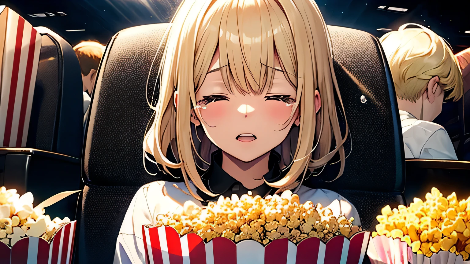 ((Highest quality)), ((masterpiece)), (detailed), One girl, movie theatre、Tears、Close ~ eyes、blonde、Smooth Hair、Popcorn、