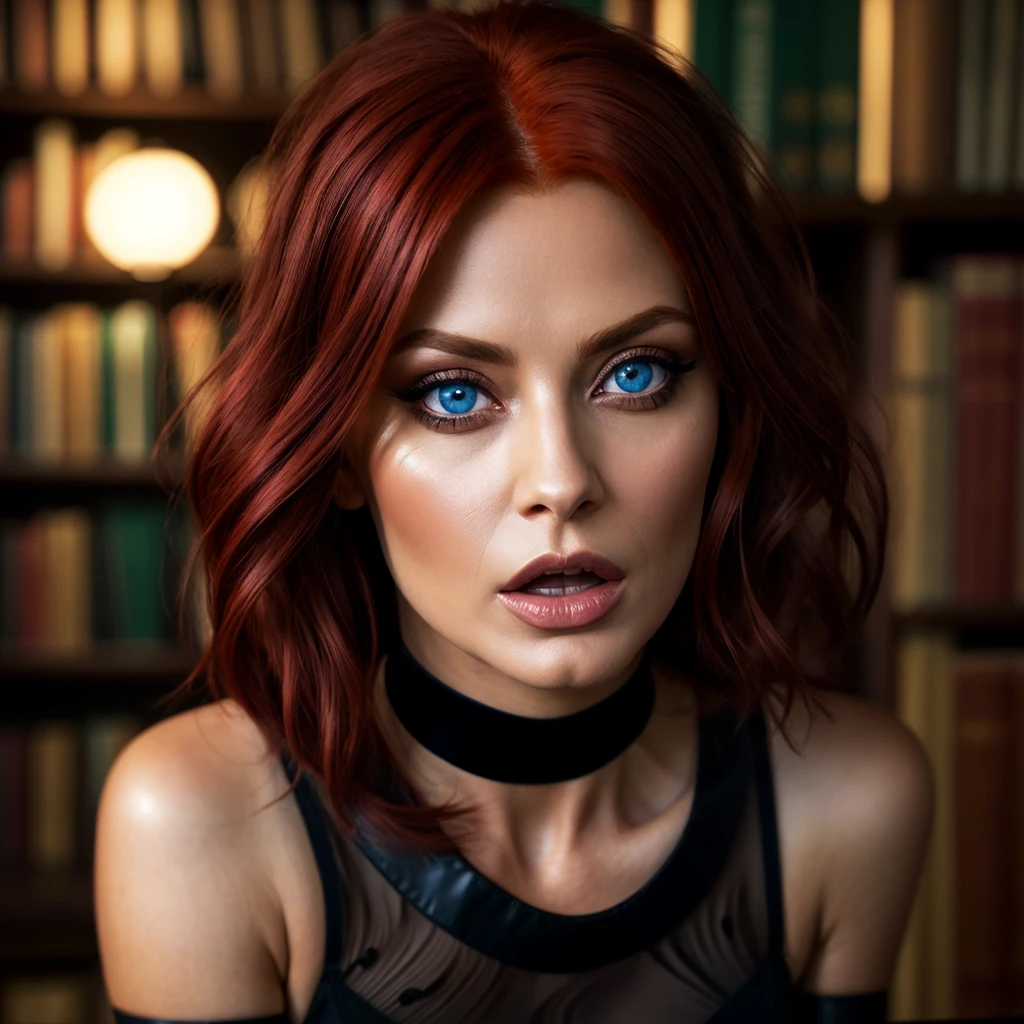 1 milf, solo, full body, ((red hair, blue eyes)), (Best quality, high resolution: 1.2), Ultra detailed, realistic, a beautiful milf with huge breasts, wearing round glasses, sitting on a table in a library , wearing tight black latex stockings that dig into her juicy thighs, wearing a choker collar that strongly compresses her neck, her tongue sticking out and eyes rolled up, (best quality,4k,8k,highres,masterpiece:1.2),ultra-detailed ,(realistic,photorealistic,photo-realistic:1.37),detailed eyes,detailed lips,extremely detailed face,long eyelashes,elegant mature woman,seductive pose,intense expression,chiaroscuro lighting,moody atmosphere,dramatic shadows,rich colors,cinematic, portrait. (Perfect details: 1.1), (beautiful and clear background: 1.2), (Extremely detailed CG, Ultra detailed, best shadow: 1.1), (perfectly detailed beautiful eyes), (full length 1.1)