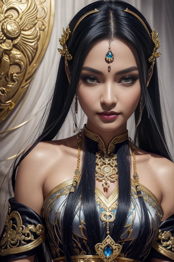 Adult woman, navy blue hair, The ends of gray hair, hairlong, beautiful hairstyle, hair ornament, white eyes, Chinese Clothing, Ornaments, Rings, Heels, Ancient Chinese themes, looking a viewer, Happy smile, overhead view, Lies on the money, gold coins, A mountain of money, Fantasy art, Beautiful painting of characters, Works of art in the style of Guvaika, epic exquisite character art, stunning character art, Beautiful rich Woman, perspective, really happy, closed eye, overhead view(reference sheet:1.5)anime, flat vector art, {stunning male Egyptian angel}, Luminous Studio graphics engine, goth Renaissance, long black hair with gold streaks, ethereal gold irises, tan skin, perfect and detailed angular sharp diamond shaped human face, Gold, Ray tracing, full lips, {defined eyebrows}, crystals, glitter, desert detailed background, white uniform, sharp focus, perfect anatomy, extremely detailed illustration, approaching perfection, dynamic, intricate details, ultra high definition, 8k resolution, glamour, glimmer, ethereal, {art by Ayami Kojima}, {art by Heise}, artstation, aesthetic, gothic, Lace, concept art, smooth, dreamy, backlit, fantastical, shadows, smooth, illustration, androgynous