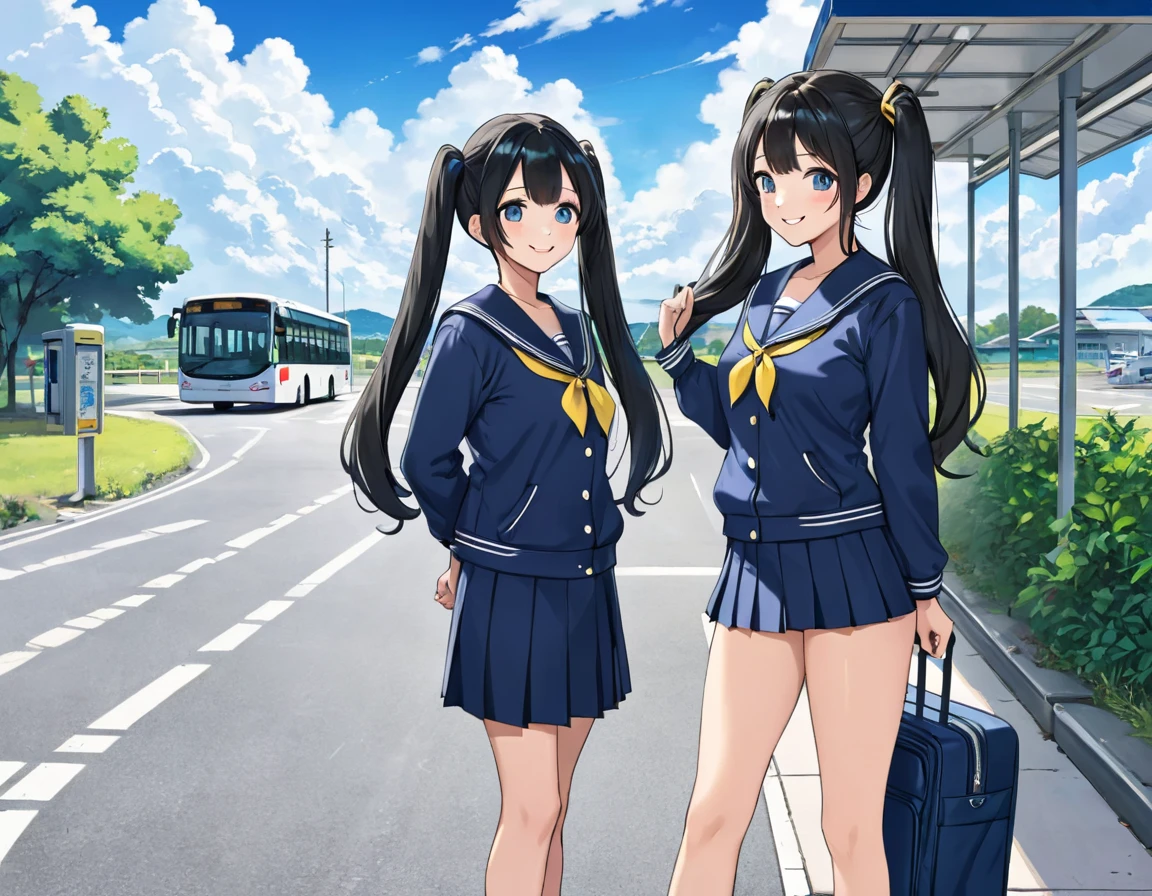 Tram stop passengers around Elementary school girl 8 years flat chest for the black broad The eyes are purple. ((1 person)) Sailor uniform long sleeve white upper body Navy blue underbody mini skirt white panties white socks sport boots standing at the stop Open your legs a little((I can see white panties)) FROM THE FRONT Dynamic Angle low angle