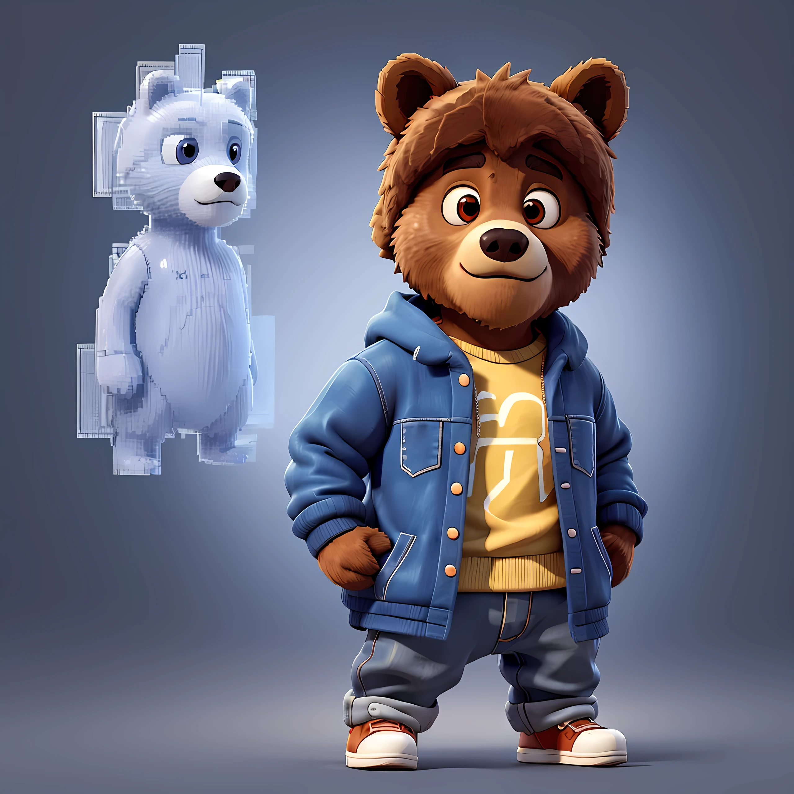 pixelart Generates an image of a Bear., with modern clothes, rapper style, Transparent background.