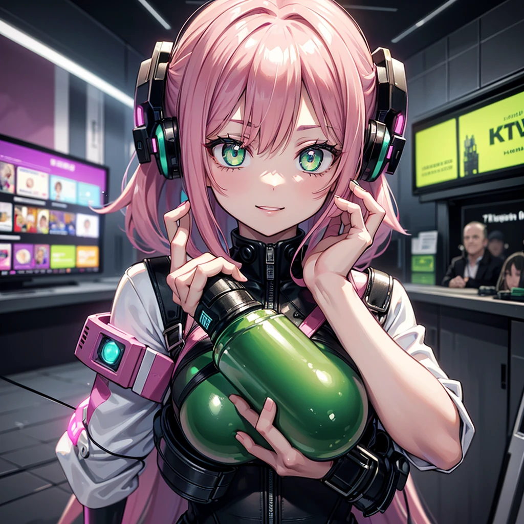 close up sexy young woman with adult appeal. She has pink hair. Her face is tilted slightly to the left and she appears radiant and happy, green eyes wide open and glowing with excitement. She is looking intently at a glass bottle full of drug capsules, with greater emphasis on the capsules, which she holds in her hands. cyberpunk theme.