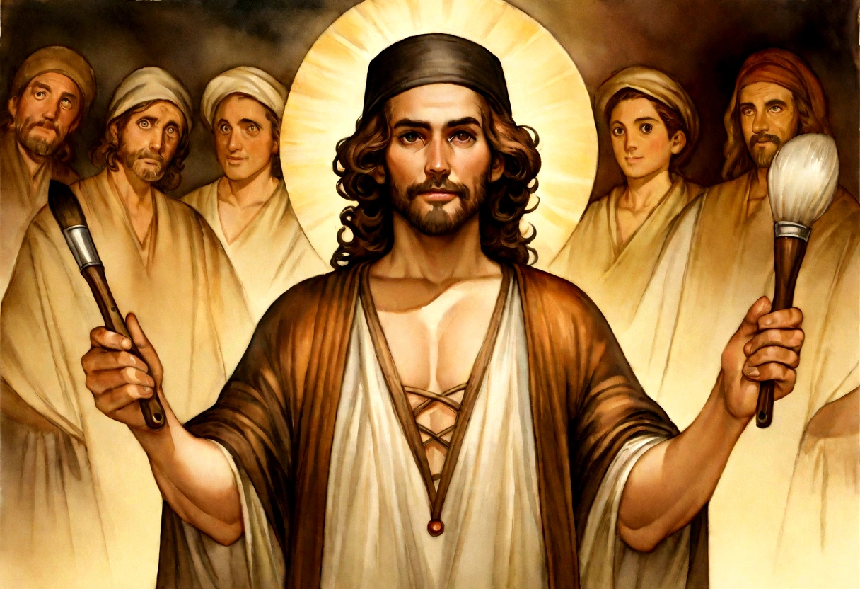 A beautiful ultra-thin actual portrait of Jesus, the prophet, A man 42 years old Hebrew brunette, Brown short hair, long brown beard, Wearing a worker's hat,Smiling while holding construction tools,In the temple, Wearing a long linen tunic with a closed chest, in front view, whole body, Biblical, actual,Diego Velazquez,Peter Paul Rubens,Rembrandt,Alex Ross,8K,concept art, Photoactual, actual, illustration, oil painting, Surrealism, Hyperactual, Brush Brush, Digital art, style, watercolor