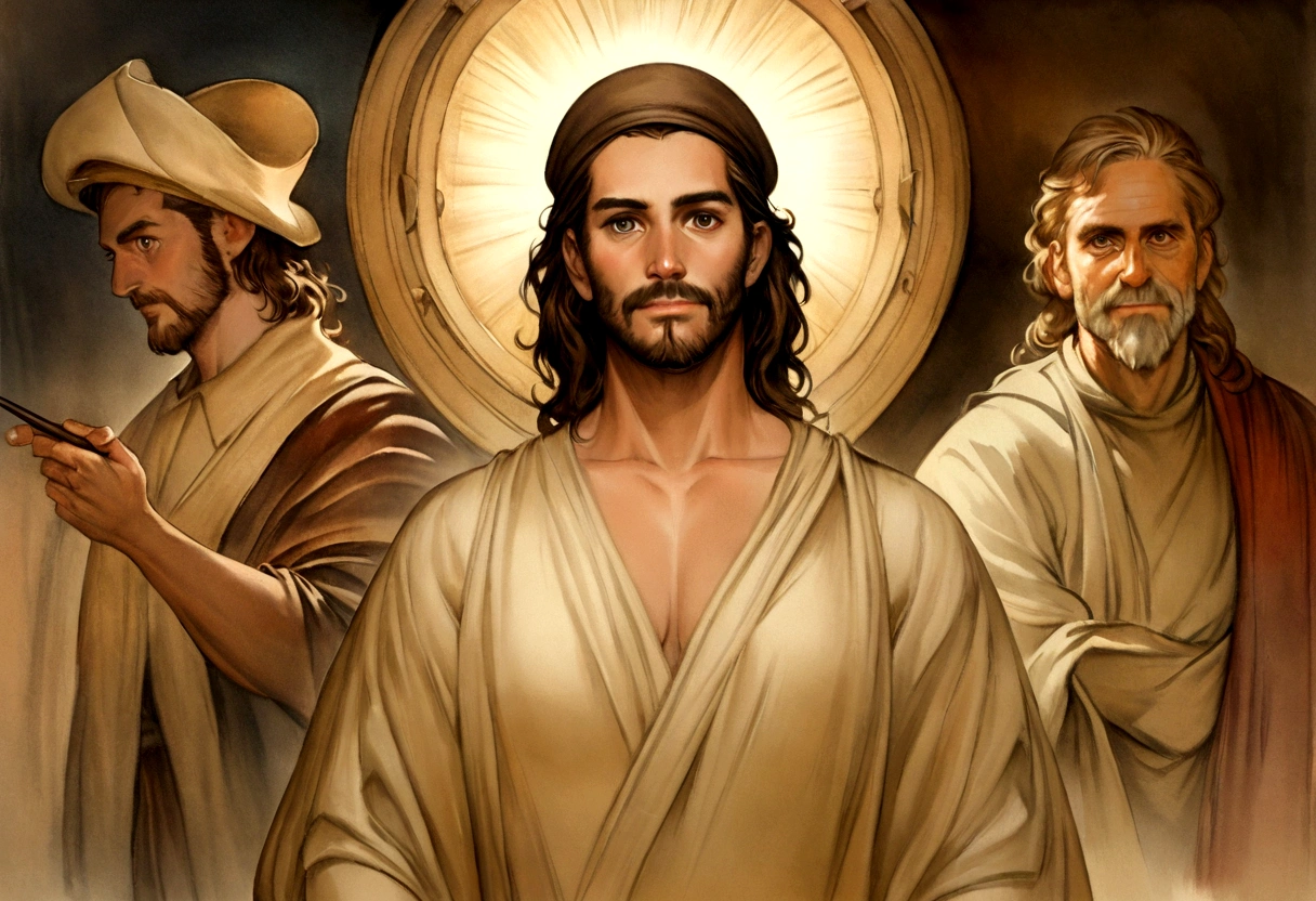 A beautiful ultra-thin actual portrait of Jesus, the prophet, A man 42 years old Hebrew brunette, Brown short hair, long brown beard, Wearing a worker&#39;s hat，Smiling while holding construction tools，In the temple, Wearing a long linen tunic with a closed chest, in front view, whole body, Biblical, actual,Diego Velazquez,Peter Paul Rubens,Rembrandt,Alex Ross,8K,concept art, Photoactual, actual, illustration, oil painting, Surrealism, Hyperactual, Brush Brush, Digital art, style, watercolor