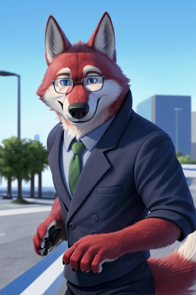 Ivan Wolfbach (Аэропорт Domodedovo),high,Beautiful,slim,24 years,wolf, red fur,high Beautiful wolf, 24 years,(red body:1.3),beautiful blue eyes,Domodedovo, Russia, Аэропорт Domodedovo,gray shirt, Green tie, trousers,canine, wolf, detailed fur, male, antro, paw pads, finger claws, at viewer, 5 fingers, paws, 5 fingers,day,digital photography, soft focus,good mood на стойке регистрации,,photorealism, realistic, photorealistic,digital style,from close walks around the city, Very close to the camera, digital photography, smile positive, good,mood,green tie, At the airport, glasses have trouble seeing, pilot patch, 4 yellow stripes on sleeves,
masterpiece, Best quality, ultra realistic, 8 k)