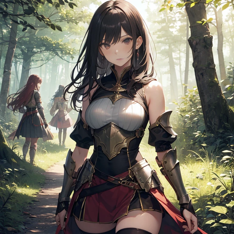 A group of  female medieval fantasy adventurers, (in forest), various hair styles, harem, night, details face, short skirt, seducing, sleeveless, armor 