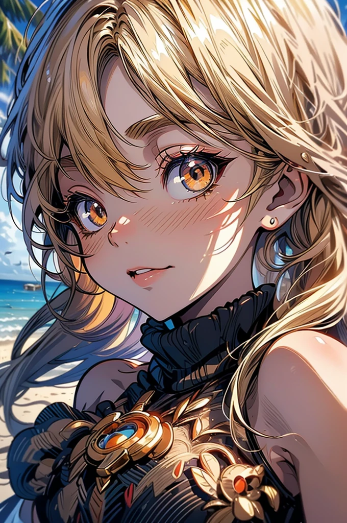 masterpiece, rich colors, Best quality, detailed, high resolution, Hyper quality, high detail, , high quality, detailing, skinny sexy girl on the beach , bright lighting , Brown eyes, Anime, palm trees, bright lighting, blonde,