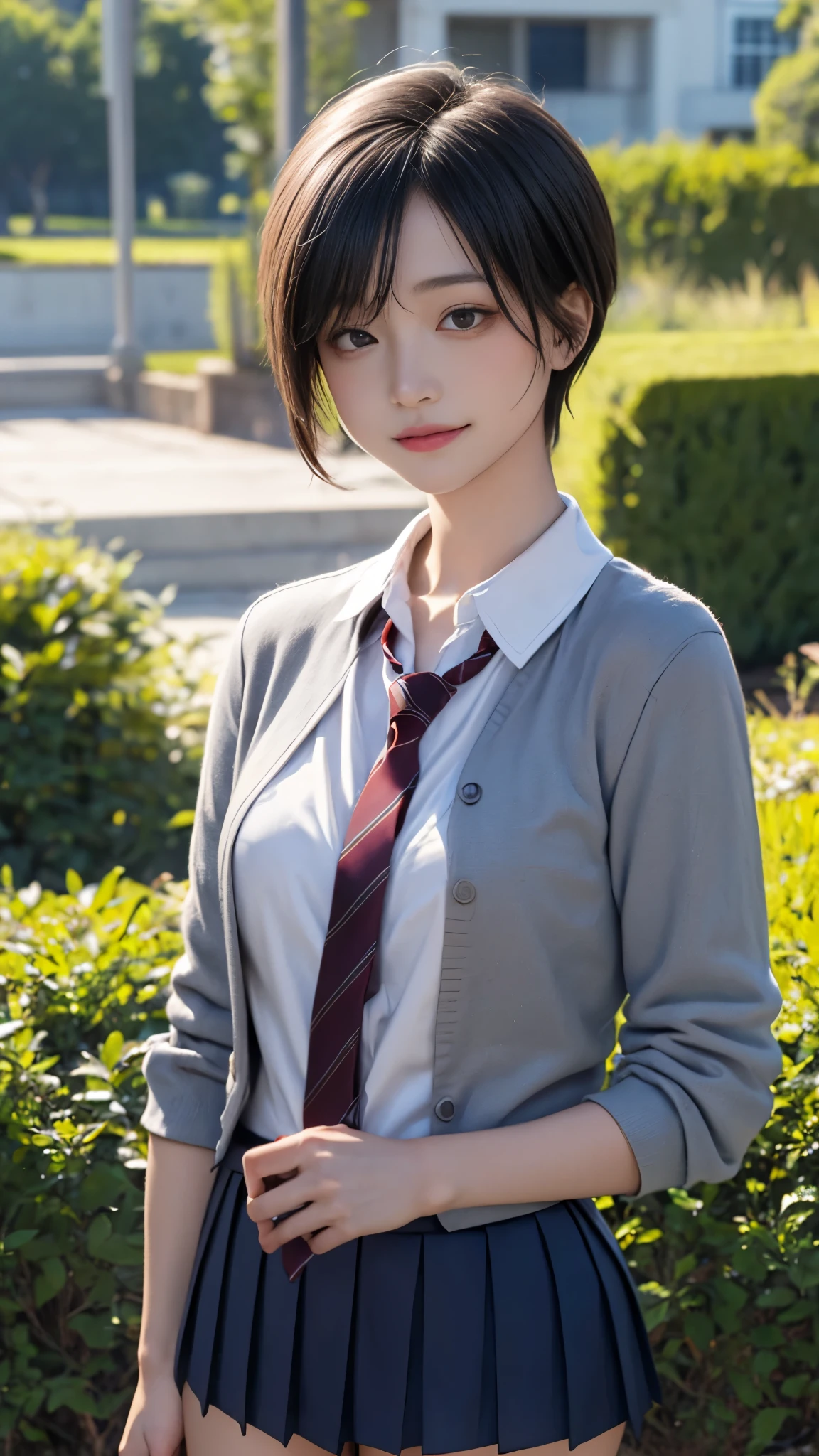 (masterpiece:1.2, top-quality), (realistic, photorealistic:1.4), beautiful illustration, (natural side lighting, movie lighting), nsfw,
looking at viewer, cowboy shot, front view:0.6, 1 girl, japanese, high school girl, perfect face, cute and symmetrical face, shiny skin,
(short hair:1.5, pixie cut:1.4, blond hair), bangs pinned back, red eyes, long eye lasher, (large breasts:0.6, thick thighs),
beautiful hair, beautiful face, beautiful detailed eyes, beautiful clavicle, beautiful body, beautiful chest, beautiful thigh, beautiful legs, beautiful fingers,
(((navy jacket), white collared shirts, grey pleated mini skirt, navy socks, brown loafer, red tie)),
(beautiful scenery), evening, riverside, standing, wave hands, (half-closed eye, lovely smile, upper eyes),