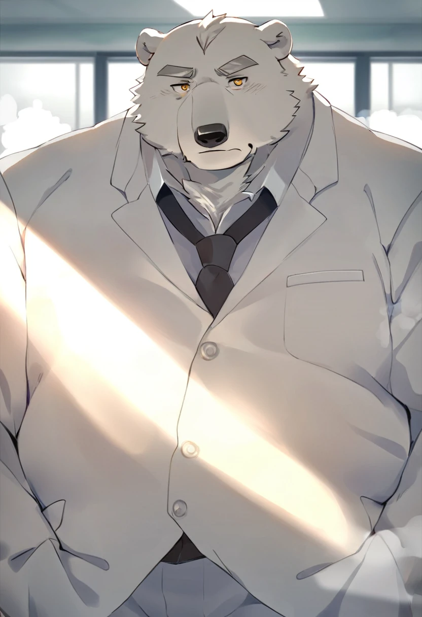 polar bear,personification,Mature male,Strong Man,White hair,naked,Cold expression,Golden pupils,Gray eyebrows,White suit suit,Hands in pockets,The Age of Steam,Hospital Office。