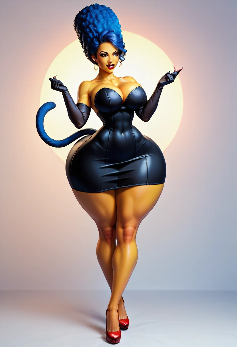 (marsim, yellow skin), solo, older female, ifbb, blue hair, beehive hair, afro, vampire fangs, catwoman, cat ears, blue cat tail, bat wings, tall, thin body, skinny, slim, small midsection, narrow waist, hyper hips, big thighs, large breasts, thick red lips, satin long black dress, red heels, elbow gloves, detailed face