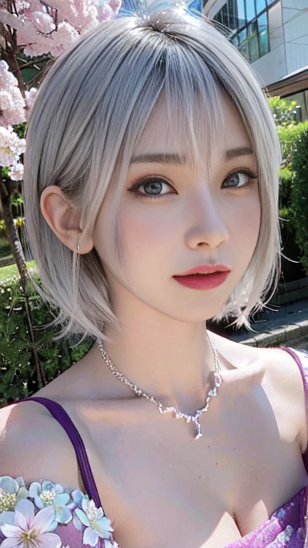 the same,
One Woman,

Silver Hair,
(Short Hair.05),Ashime,straight,

((Flower Hair Ornaments)),Purple Necklace,

Natural skin texture,Big boobs,Narrow waist,
Pink Lipstick,

kimono,Hydrangea pattern,

Urban area,Cherry blossom trees,Summer Scenery,

Slightly larger breasts,expression(Puzzled),Healthy attitude,
Closed Mouth,blush,True Face,Tilt posture,Squint your eyes,
The gaze is directed in another direction,

Natural depiction,
Beautiful depiction,
Shiny eyes,
Healthy Body,
Natural hairstyle,
Natural body contours,
Natural facial contours,
Sharp eyelid depiction,
Keep the subject in the center,
Beautiful image quality,Delicate shades,4K,Very detailed,Delicate light adjustment,Delicate contour drawing,