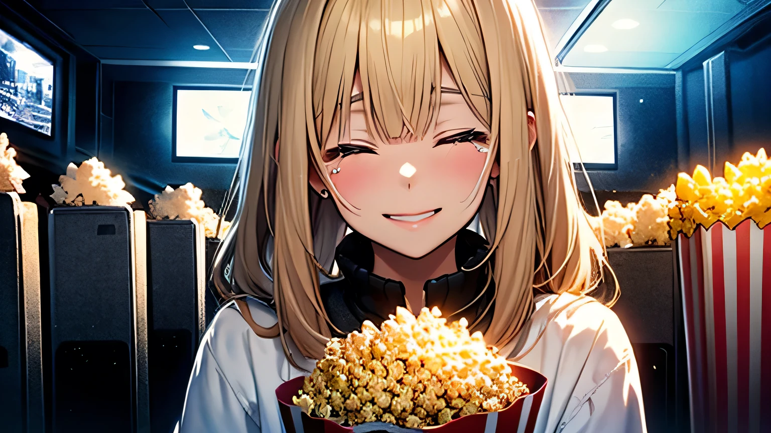 ((Highest quality)), ((masterpiece)), (detailed), One girl, movie theatre、Tears、Close ~ eyes、smile、blonde、Smooth Hair、Popcorn、