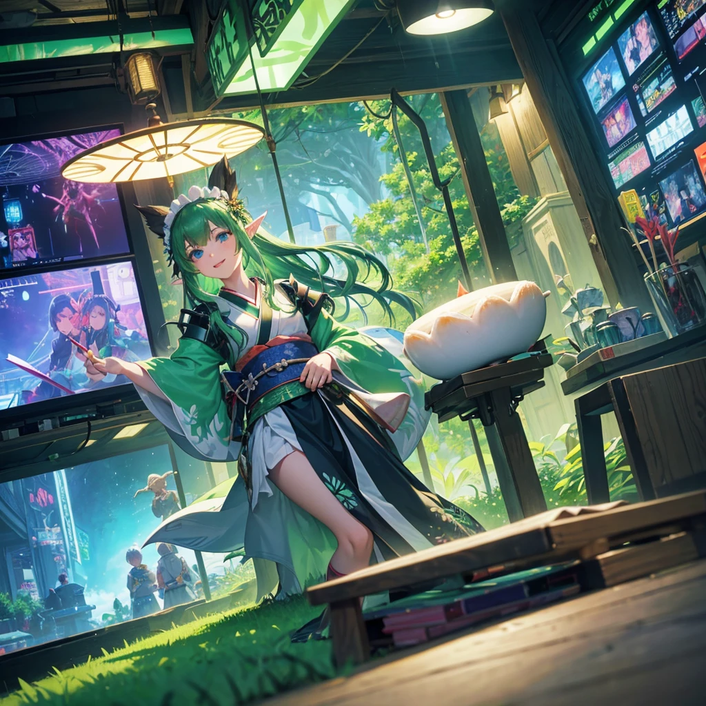 Elf(Maid clothes(kimono) tropical tropicalジュース(tray) Tavern(Adventurer) cyber punk Green light swirling(hologram) Multiple monitors behind(Streaming screen magic circle) Adventurer Medieval Fantasy smile night comics)