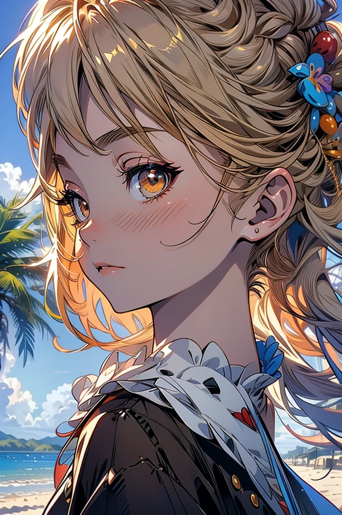 masterpiece, rich colors, Best quality, detailed, high resolution, Hyper quality, high detail, , high quality, detailing, skinny sexy girl on the beach , bright lighting , Brown eyes, Anime, palm trees, bright lighting, blonde,