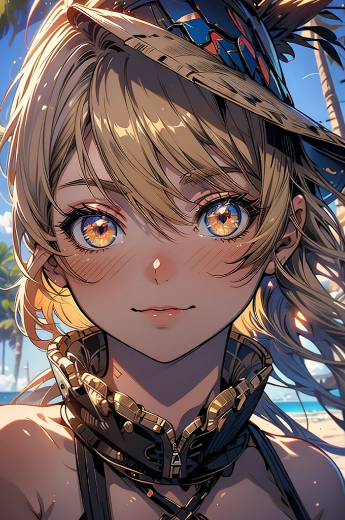 masterpiece, rich colors, Best quality, detailed, high resolution, Hyper quality, high detail, , high quality, detailing, skinny sexy girl on the beach , bright lighting , Brown eyes, Anime, palm trees, bright lighting, blonde,