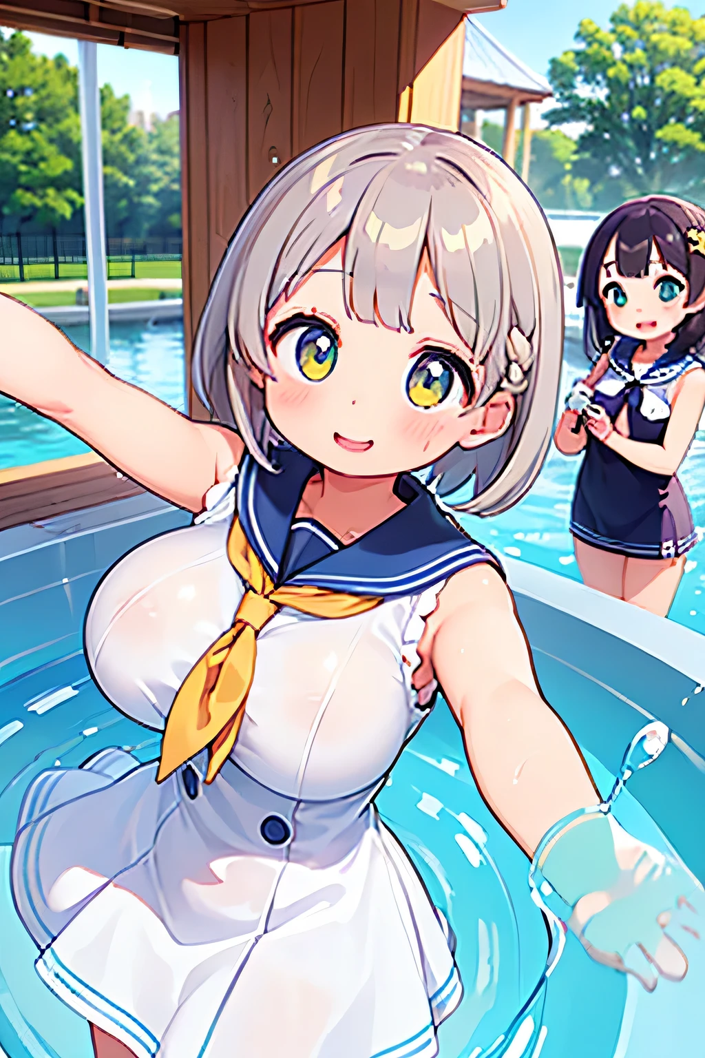 Highest quality、High resolution、Detailed Background、(Beautiful face in every detail:1.4)、Anatomically correct、Hide your fingers、(Detailed facial expressions)、age beauty、(Highly detailed face:1.4)、(Huge breasts:1.2)、cute hair color、
Braided bob cut、Braided Ponytail、Braided long hair、well-groomed eyebrows、Perfect body line、(White sleeveless sailor dress:1.3)、(White sleeveless sailor dress:1.3)、(lothes are wet:1.2)、My whole body is wet、Water droplets fall、Wet hair、Laugh playfully、A big smile、A fun atmosphere、(Three beautiful girls taking a selfie at a water play spot:1.5)、cute
