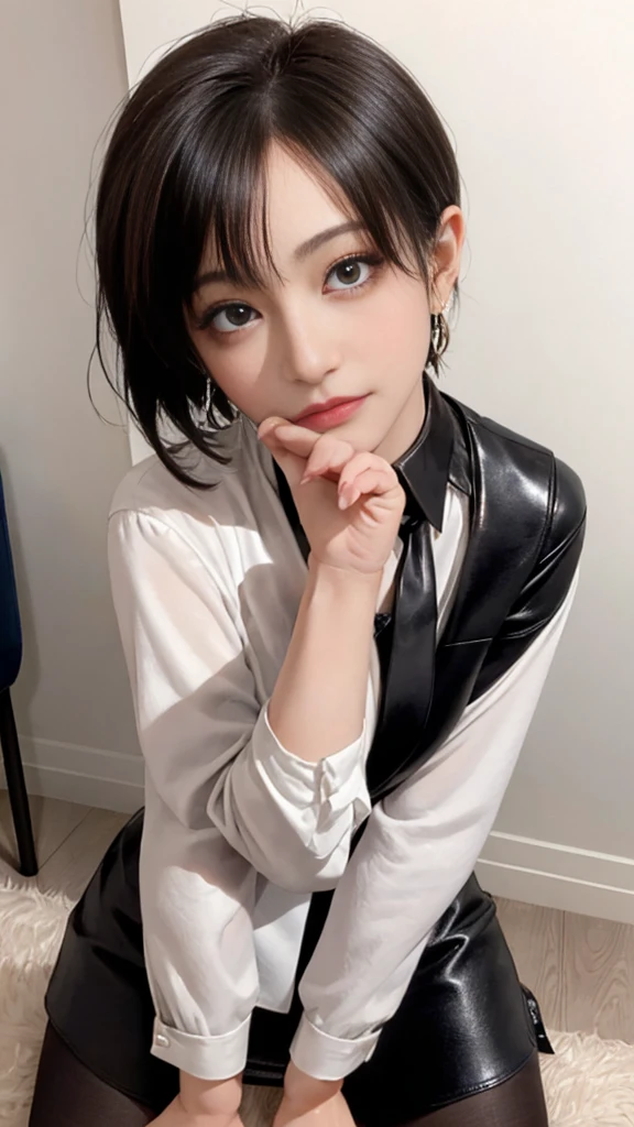 Woman walking in office hall, on a spoonful of alcohol, white walls, Gray table, posters on the wall,
(((masutepiece))), ((Best Quality)), ((intricate-detail)), ((hyper realisitic)), absurd res, A MILF, Small face、27-year-old woman, Perspective, Highly detailed, Illustration, 1girl in,(Big breasts), Perfect hands, Detailed fingers, Beautiful detailed eyes, Short hair, Brown eyes, vd, (business outfit:1.2), Blazer and slender lapel dress are the same color, Black leather tight skirt, Black Choker, earrings, Stockings, Detailed background, Bedroom, Perfect eyes, Seductive eyes, Looking at the viewer, from the front side、Angle from above、all-fours、1boy, penises、Falachio、, Woman sucking panis to the root、Angle from above