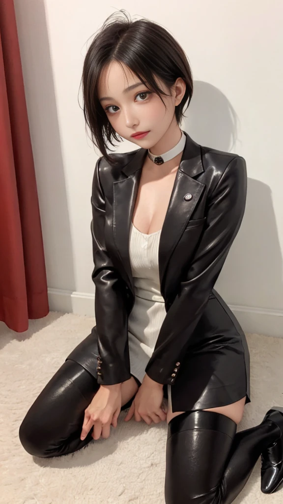 Woman walking in office hall, on a spoonful of alcohol, white walls, Gray table, posters on the wall,
(((masutepiece))), ((Best Quality)), ((intricate-detail)), ((hyper realisitic)), absurd res, A MILF, Small face、27-year-old woman, Perspective, Highly detailed, Illustration, 1girl in,(Big breasts), Perfect hands, Detailed fingers, Beautiful detailed eyes, Short hair, Brown eyes, vd, (business outfit:1.2), Blazer and slender lapel dress are the same color, Black leather tight skirt, Black Choker, earrings, Stockings, Detailed background, Bedroom, Perfect eyes, Seductive eyes, Looking at the viewer, from the front side、Angle from above、all-fours、1boy, penises、Falachio、,  Woman sucking panis to the root、Angle from above