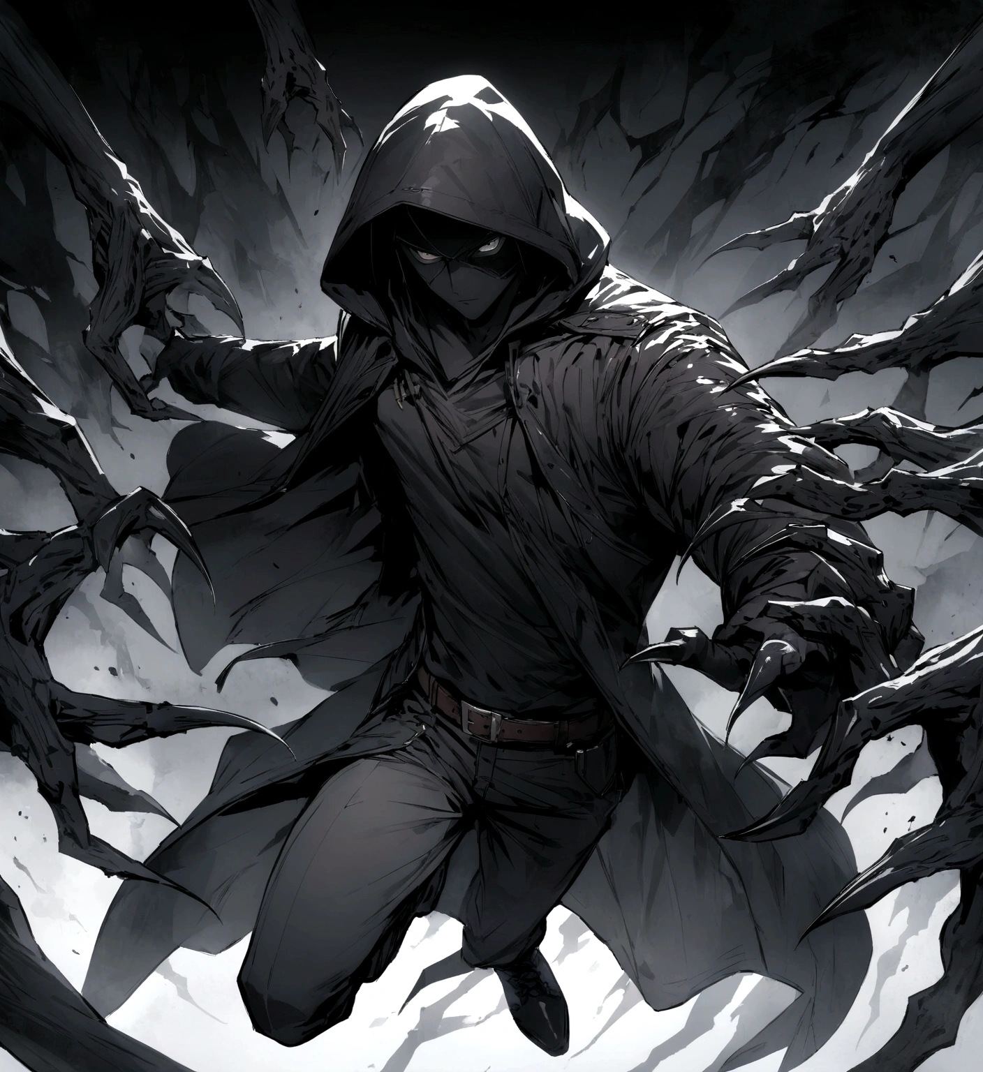 (masterpiece), (best quality), (ultra-detailed), non-human cosmic entity, humanoid entity in the form of a man, dressed in a long dark nergo leather coat, under the coat he is wearing a black sweatshirt with the hood up, black cargo pants with a dark brown belt, black combat boots, black gloves, underneath From the hood you can only see darkness with bright, elongated white eyes, a determined and serious look, hands with claws under the gloves, an enigmatic and threatening environment around him, located on a white background.