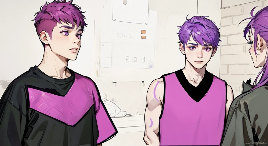 Two boys with purple hair and purple eyes, they are 18 years old, they are in front of a girl with purple hair who is giving them instructions.