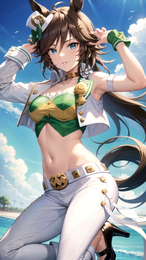 masterpiece, best quality,
mr. c.b. \(umamusume\),
strapless shirt, white pants, midriff, single sleeve, navel, white jacket, long sleeves, green shirt, collarbone, open clothes, yellow choker, parted lips, open jacket, crop top, parted lips, wrist cuffs, high heels, arm belt