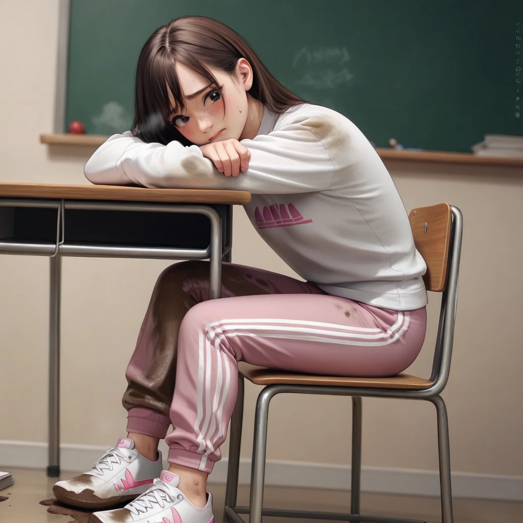 Ultra-realistic, 4k, 1girl, 10 year old, cute face, pretty face, cute eyes, skinny body, brown hair, pink adidas sweatpants, tight long sleeve sports white tshirt, white sneakers, crying, hand on nose, very sweaty, in dirty classroom, near the desk, dirty pants, dirty chair, dirty clothes, sweaty clothes, (((make the whole image filthy and dirty))), (((mud overflowing from pants))), stinky atmosphere, filthy atmosphere, mud on pants, disgusting pants, back view of girl