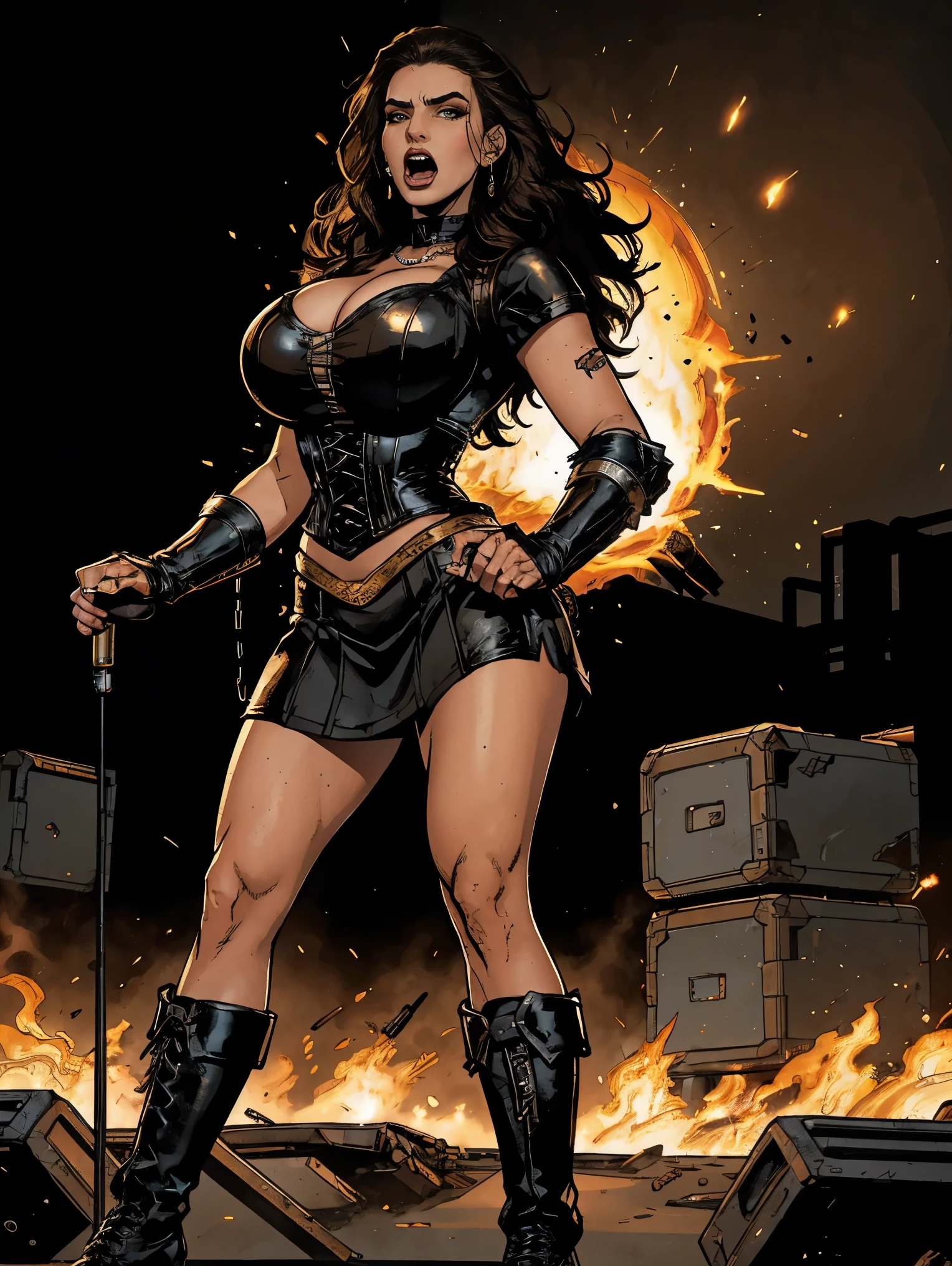 Extremely busty thin and toned brunette death metal singer, college girl, fair skin, big hair, hair pulled back, soft face, athletic, heavy makeup, piercings, black leather, studs, corset, boots, fingerless gloves, tight skirt, chains. standing on a stage, pyrotechnics, holding a microphone, metal concert. (microphone, fist in the sky), angry, rage, screaming. Heavy metal. Death metal. Explosions, fire.