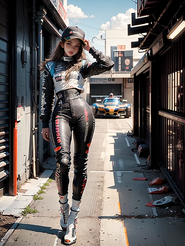 models, professional: 1.6, (best quality, 4k, 8k, high resolution, masterpiece: 1.2), ultra detailed, realistic, modern style, elegant fashion, Upper body shot: 1.5, wide shot: 1.5, stylish, clothing for modeling, accessories, stylish pose as a model, modern and beautiful hair, brown hair, colorful, bold background, studio lighting, dynamic and stylish pose,(((Night street))),(((Car garage))),((circuit grid girl)),((Circuit)),(((Race Queen))),((Formula 1 Car))