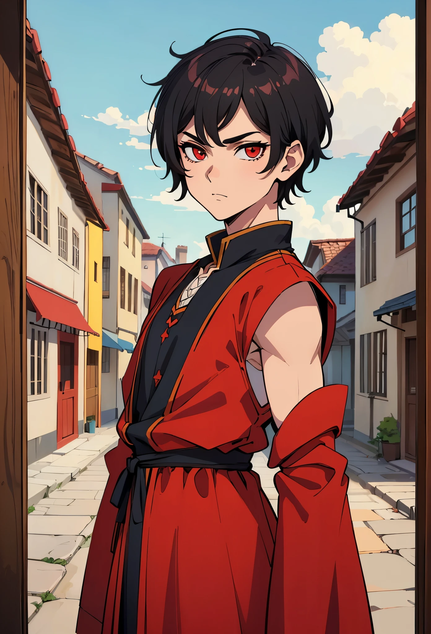 (Obra-prima, melhor qualidade: 1.2) alone, 1boy, masculino, black short hair , red eyes , medieval clothes , looking at the viewer
