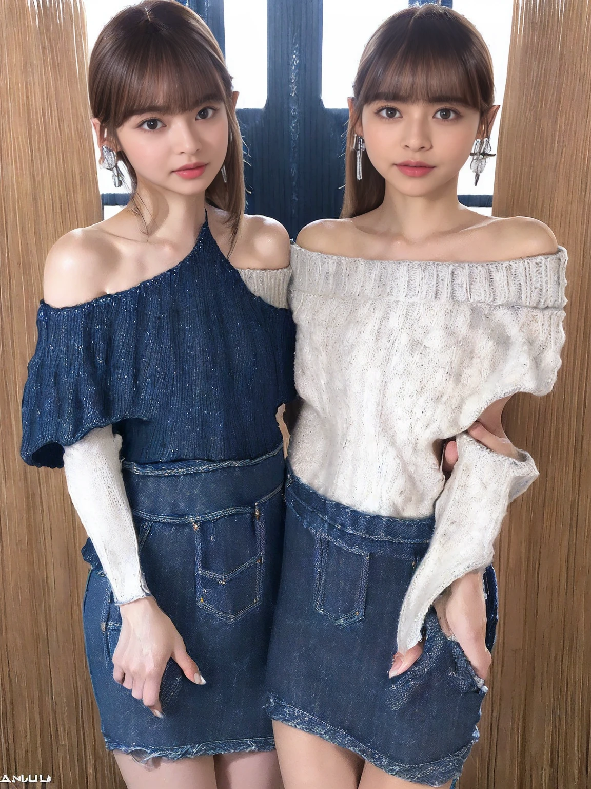 (Anatomically normal:1.8)、Japanese Idols、Urban beautiful girl college student, masterpiece, light makeup, Red lips, Straight super long layered haircut、(Straight long bangs:1.8)、(Brown hair color that is too bright and noticeable: 1.8)、Street background, beautiful, elegant. Extremely fine detail, Master Works, Authentic texture, Realism in film lighting, Perfect job, 16K, High resolution, exquisite features、Big, beautiful blue eyes、(A beautiful, symmetrical small face:1.8)、large and beautiful udder、bare clavicle、Naked shoulders、Deep cleavage、(Pure white off-the-shoulder knit long sweater:1.8)、(Plain navy denim mini skirt:1.8)、Naturally lustrous, translucent white skin、Slim, long, beautiful bare legs、(Beautiful legs:1.8)、(She has fallen in love with the viewer and looks at him with loving eyes.:1.8)、Earrings, necklace, tattoo、(No anatomical abnormalities:1.8)、(She looks at the viewer with her beautiful eyes and a genuine expression of adoration.:1.8)、(Always be alone in the photo:1.8)、(One adult female:1.8)、(No anatomical abnormalities:1.8)、(One adult femaleだけしか写っていない:1.8)、(One adult female:1.8)、