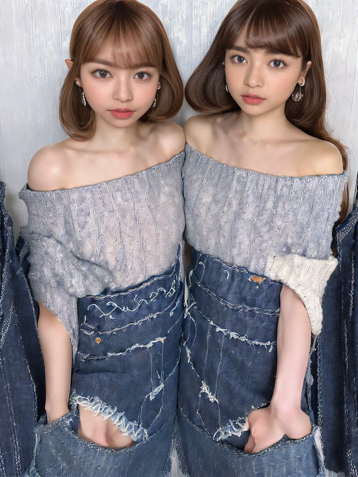 (Anatomically normal:1.8)、Japanese Idols、Urban beautiful girl college student, masterpiece, light makeup, Red lips, Straight super long layered haircut、(Straight long bangs:1.8)、(Brown hair color that is too bright and noticeable: 1.8)、Street background, beautiful, elegant. Extremely fine detail, Master Works, Authentic texture, Realism in film lighting, Perfect job, 16K, High resolution, exquisite features、Big, beautiful blue eyes、(A beautiful, symmetrical small face:1.8)、large and beautiful udder、bare clavicle、Naked shoulders、Deep cleavage、(Pure white off-the-shoulder knit long sweater:1.8)、(Plain navy denim mini skirt:1.8)、Naturally lustrous, translucent white skin、Slim, long, beautiful bare legs、(Beautiful legs:1.8)、(She has fallen in love with the viewer and looks at him with loving eyes.:1.8)、Earrings, necklace, tattoo、(No anatomical abnormalities:1.8)、(She looks at the viewer with her beautiful eyes and a genuine expression of adoration.:1.8)、(Always be alone in the photo:1.8)、(One adult female:1.8)、(No anatomical abnormalities:1.8)、(One adult femaleだけしか写っていない:1.8)、(One adult female:1.8)、