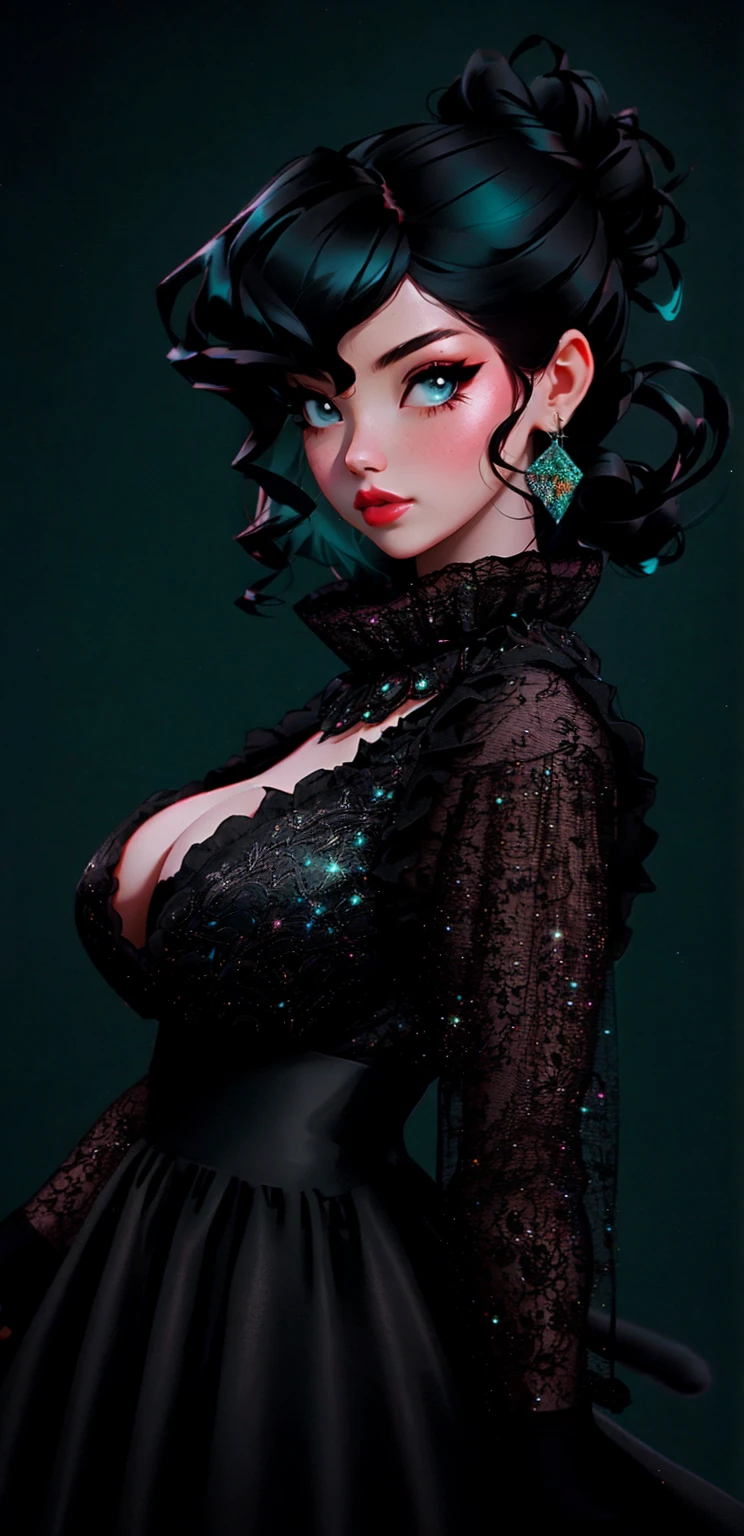 A Cat girl wearing black lacey dress, Fantasy outfit. Black curly hair in an updo with feathers as a cowl, with teal eyes and red makeup