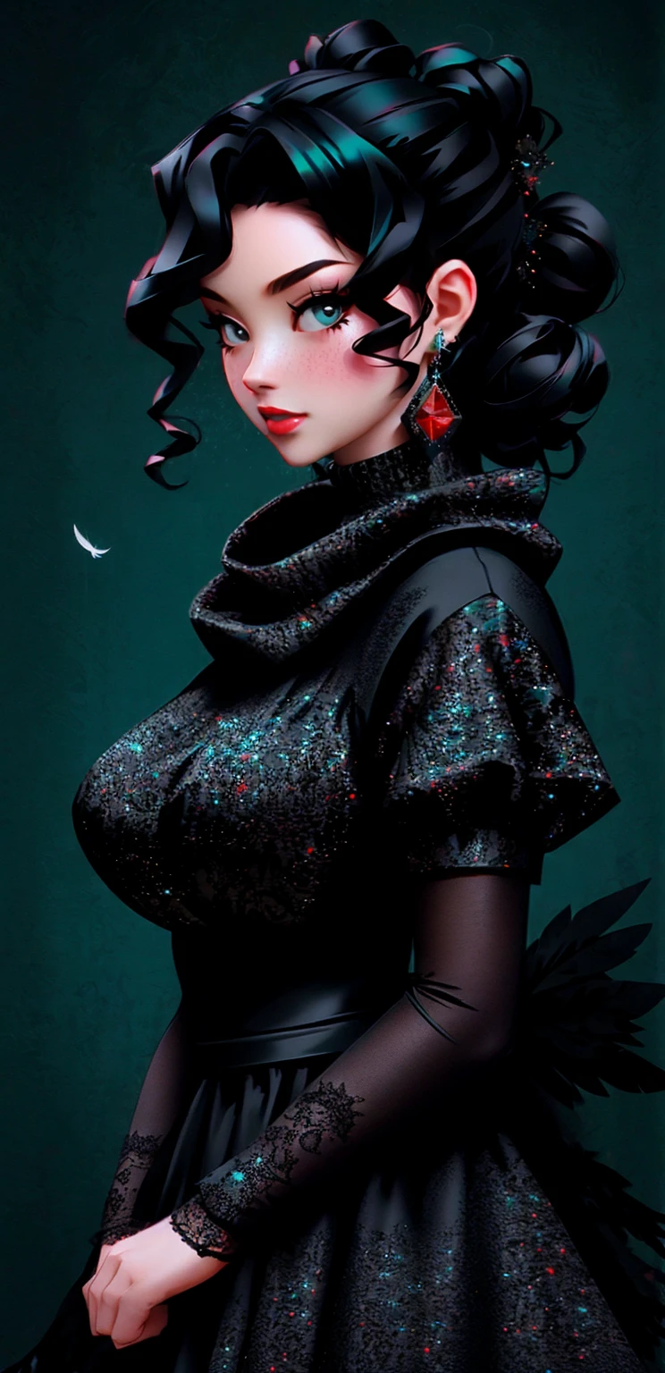 A Cat girl wearing black lacey dress, Fantasy outfit. Black curly hair in an updo with feathers as a cowl, with teal eyes and red makeup