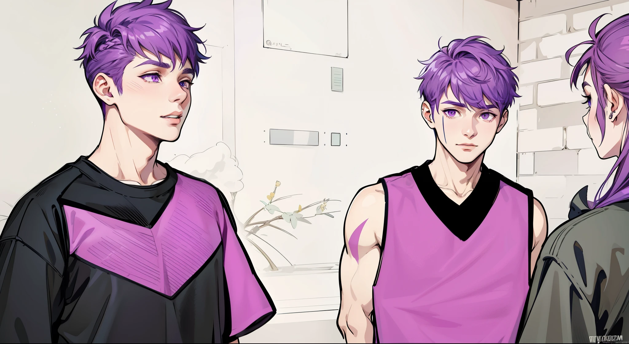 Two boys with purple hair and purple eyes, they are 18 years old, they are in front of a girl with purple hair who is giving them instructions.