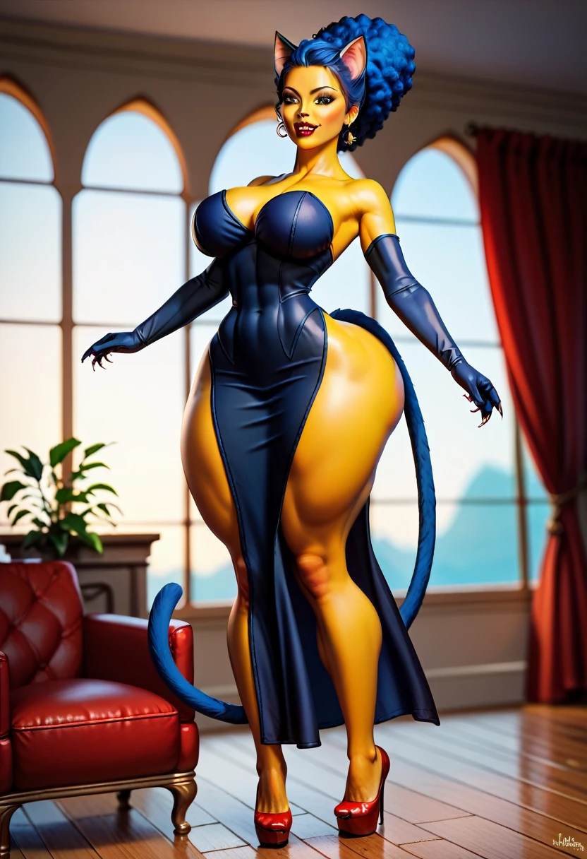(marsim, yellow skin), solo, older female, ifbb, blue hair, beehive hair, afro, vampire fangs, catwoman, cat ears, blue cat tail, bat wings, tall, thin body, skinny, slim, small midsection, slendered abs, narrow waist, hyper hips, big thighs, large breasts, thick red lips, satin long black dress, red heels, elbow gloves, detailed face