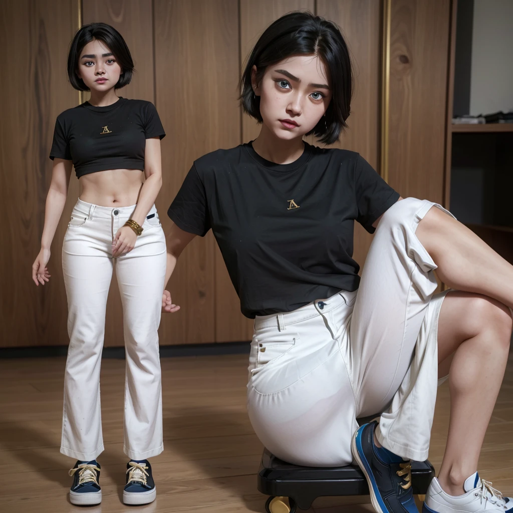 A doll with short hair and a little messy but cute, Your eyes are blue, a black tshirt, with white pants and black and gold shoes, your skin is caramel color, slightly rounded eyes, images in sequence of movements of the weight giving a wink