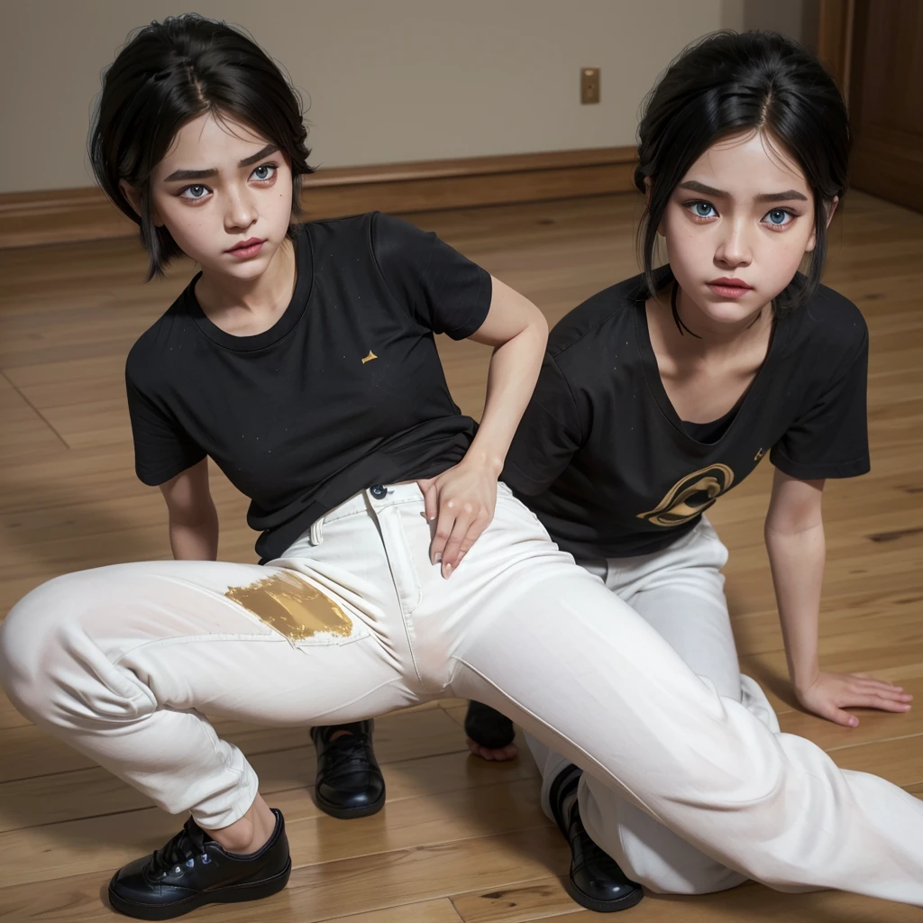 A doll with short hair and a little messy but cute, Your eyes are blue, a black tshirt, with white pants and black and gold shoes, your skin is caramel color,  slightly rounded eyes, images in sequence of movements of the weight giving a wink