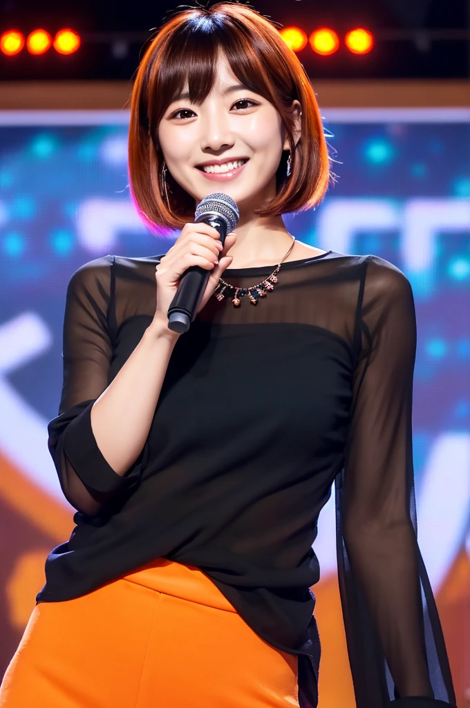 Please create an image of a Japanese woman in her 20s who looks like an idol、Black blouse、Short Bob、Orange Hair、indoor、Ultra HD、Highest Resolution、Put your entire upper body in、Hold the microphone、smile, Vertical aspect ratio