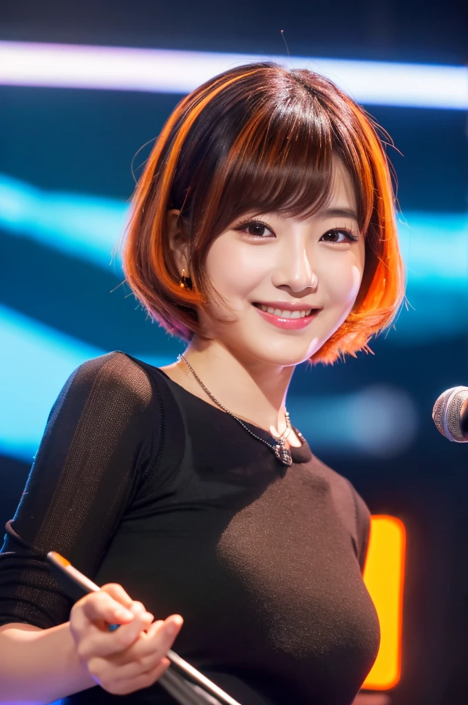 Please create an image of a Japanese woman in her 20s who looks like an idol、Black blouse、Short Bob、Orange Hair、indoor、Ultra HD、Highest Resolution、Put your entire upper body in、Hold the microphone、smile, Vertical aspect ratio