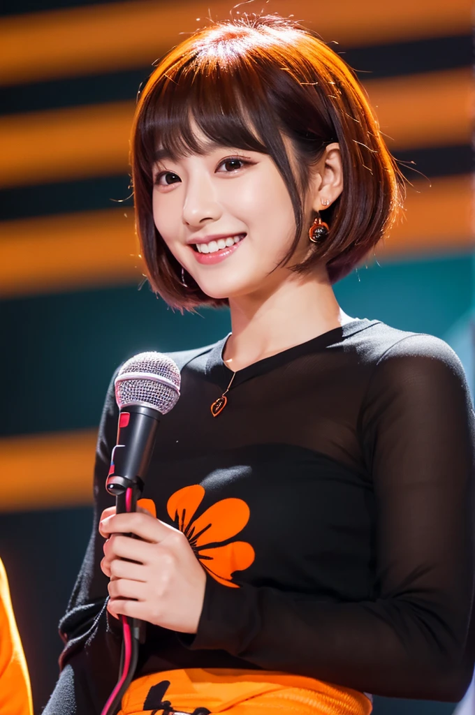 Please create an image of a Japanese woman in her 20s who looks like an idol、Black blouse、Short Bob、Orange Hair、indoor、Ultra HD、Highest Resolution、Put your entire upper body in、Hold the microphone、smile, Vertical aspect ratio